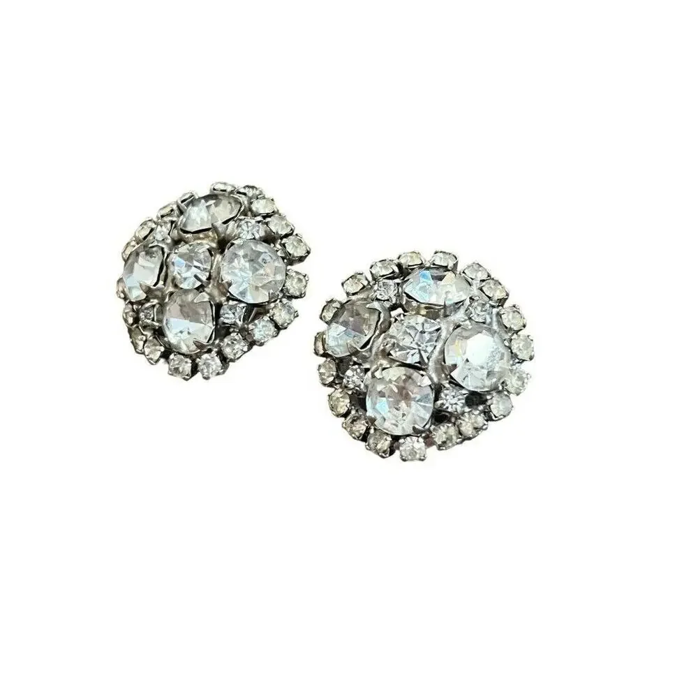 Vintage Formal Rhinestone Round Clip On Earrings Evening Bling